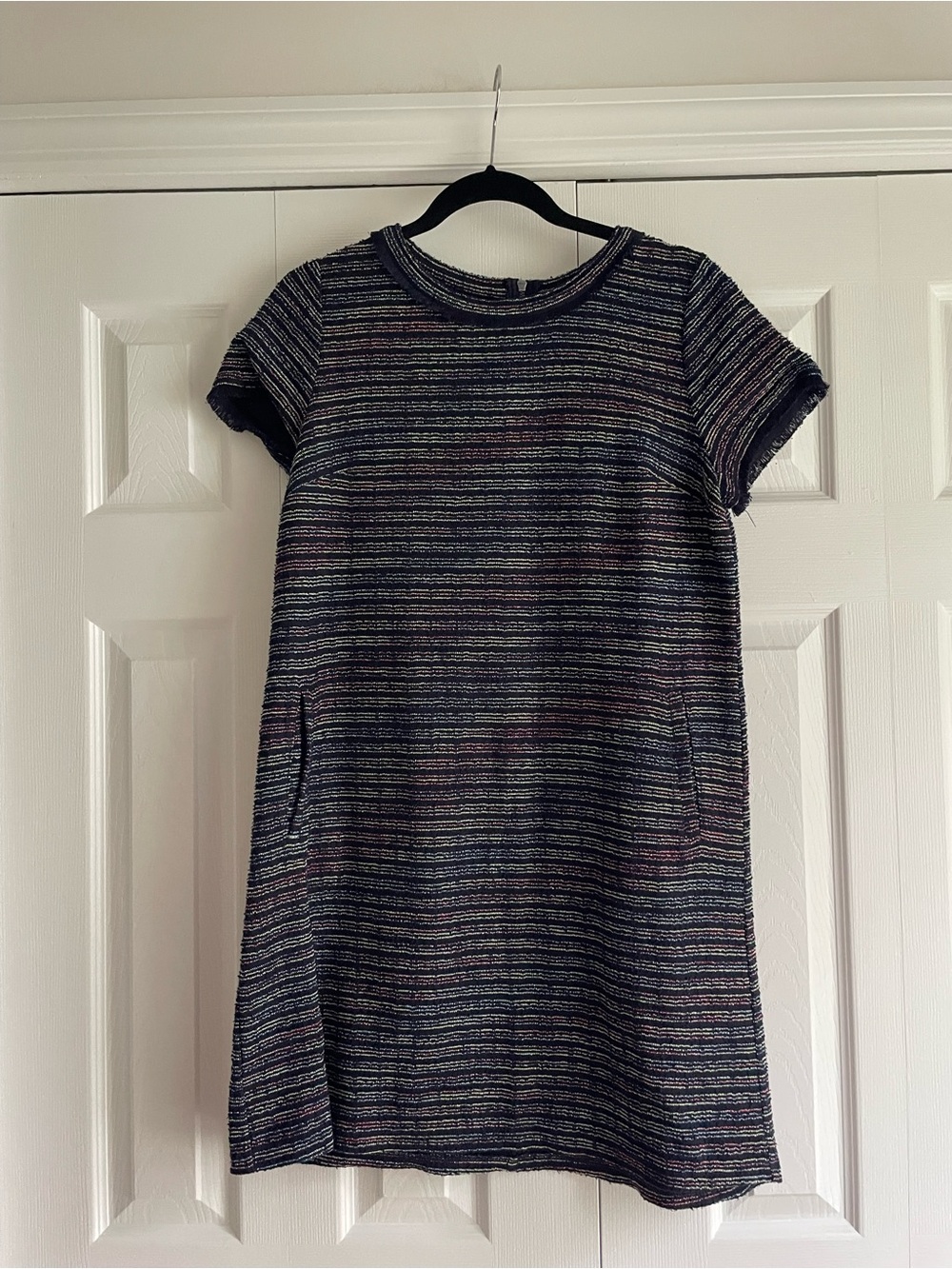 LOFT Navy Multicolor Striped Short Sleeve Knit Dress